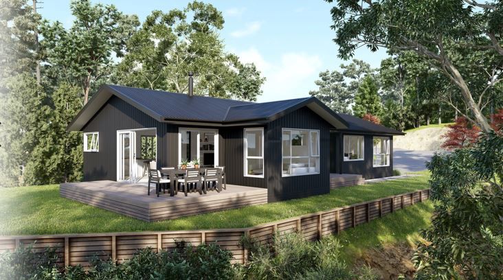 Modern single-storey new build home with contemporary black cladding, large windows, and an outdoor entertaining area, set within a peaceful natural landscape.